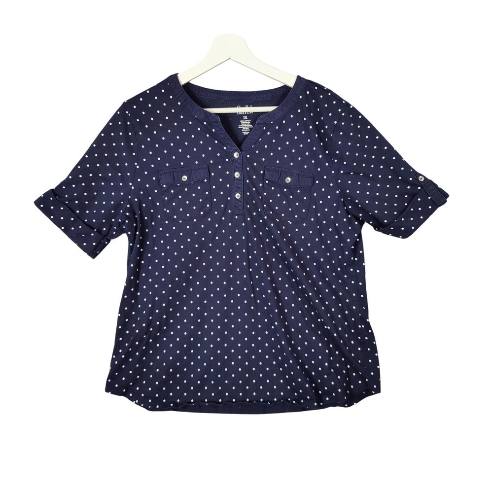 Croft & Barrow Polka‎ Dot Top Button Neck Short Pockets Sleeve Casual Womens XXL